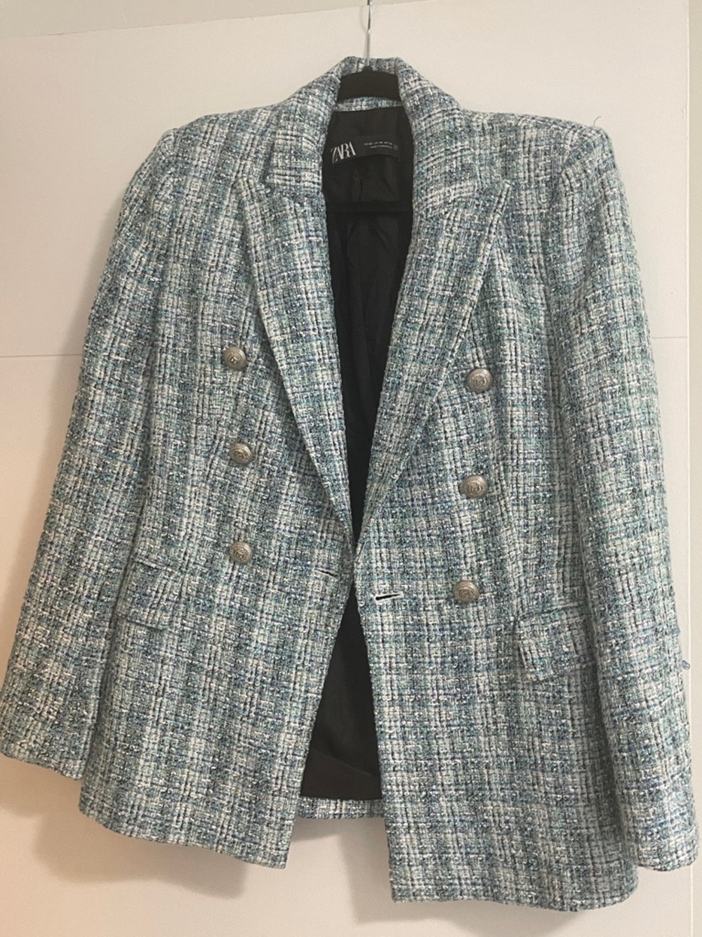 Zara Light Blue & White Tweed Double-Breasted Blazer